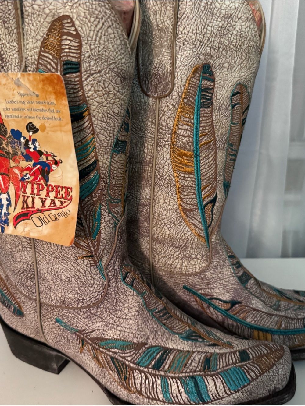 Old Gringo Cream and Teal Feather Embroidered Heeled Cowboy Boots - Picture 3 of 4